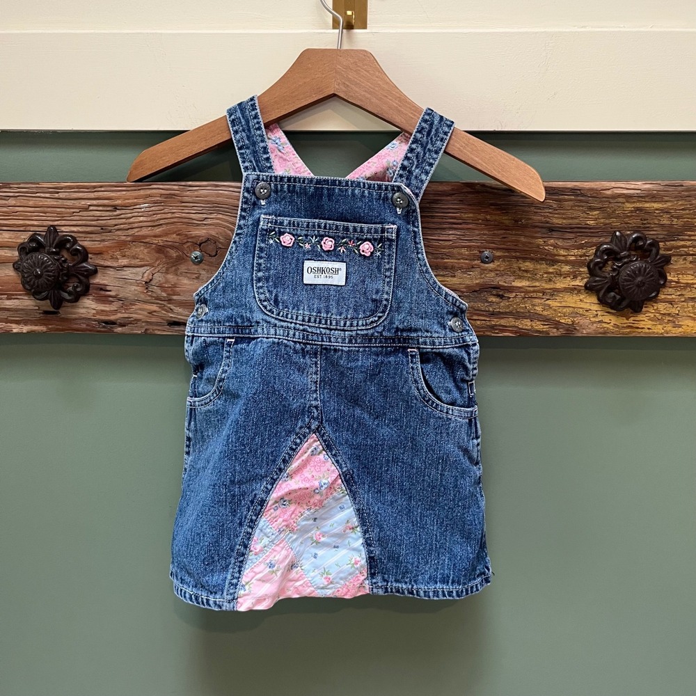 OshKosh Bgosh Girls 18M Blue Denim Floral‎ Patchwork Embroidered Overall Dress